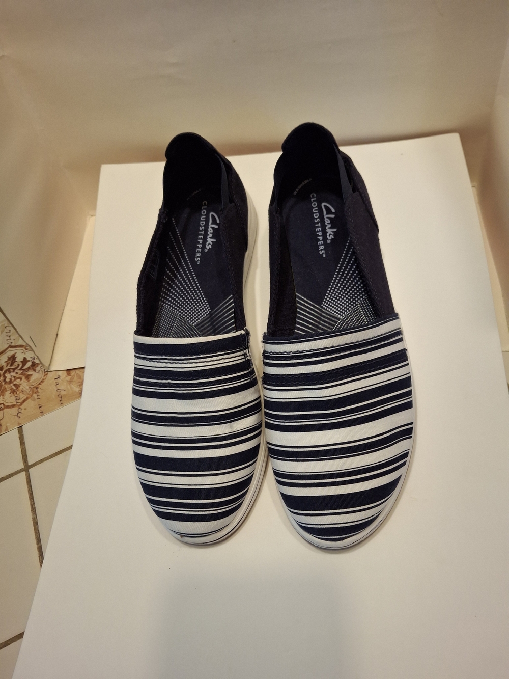 Clarks Navy Blue and White Striped Slip-On Loafers